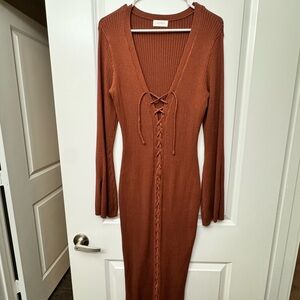 Meshki Lace-Up Ribbed Long Sleeve Dress - Rust Brown